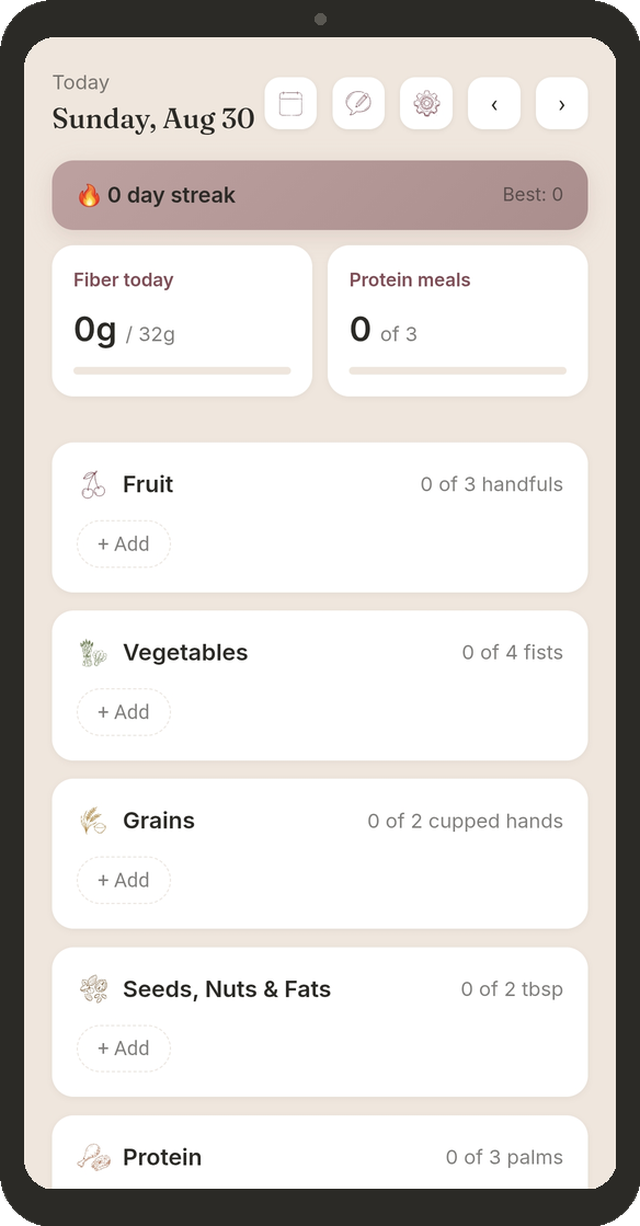 Bushel & Tap daily tracker showing fiber and protein progress, streak, and fruit, vegetable, grain, seed, and protein logging
